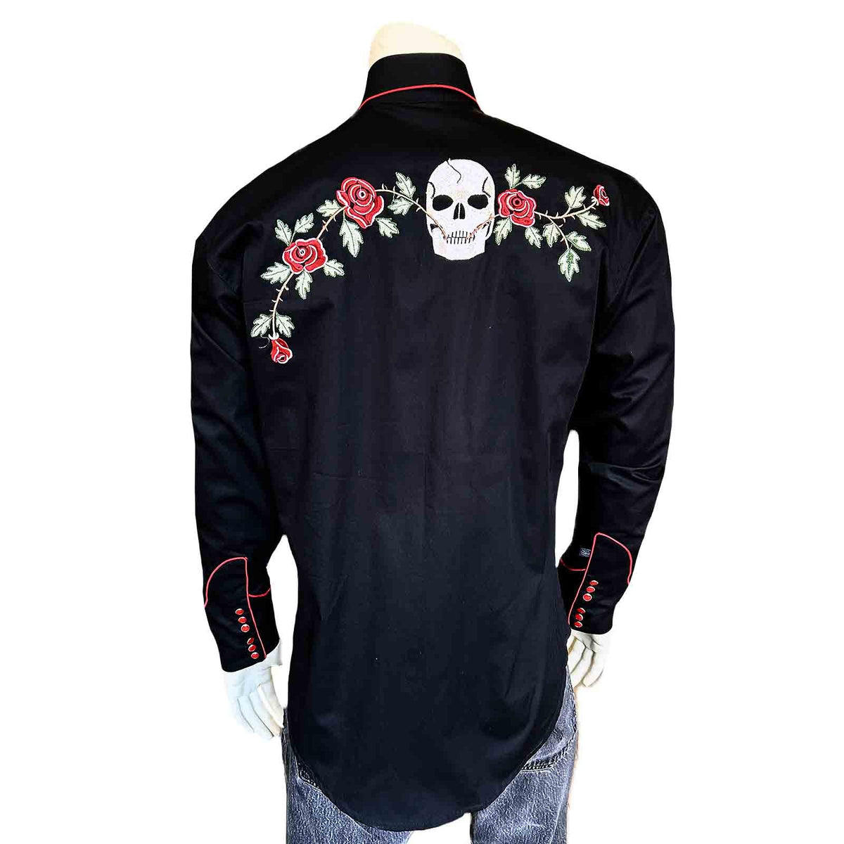 Rockmount Ranchwear Skulls And Roses Embroidered Cotton Gabardine Black Western Shirt