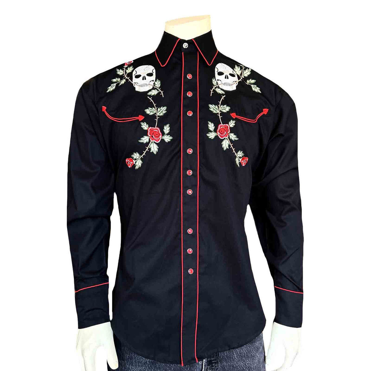 Rockmount Ranchwear Skulls And Roses Embroidered Cotton Gabardine Black Western Shirt